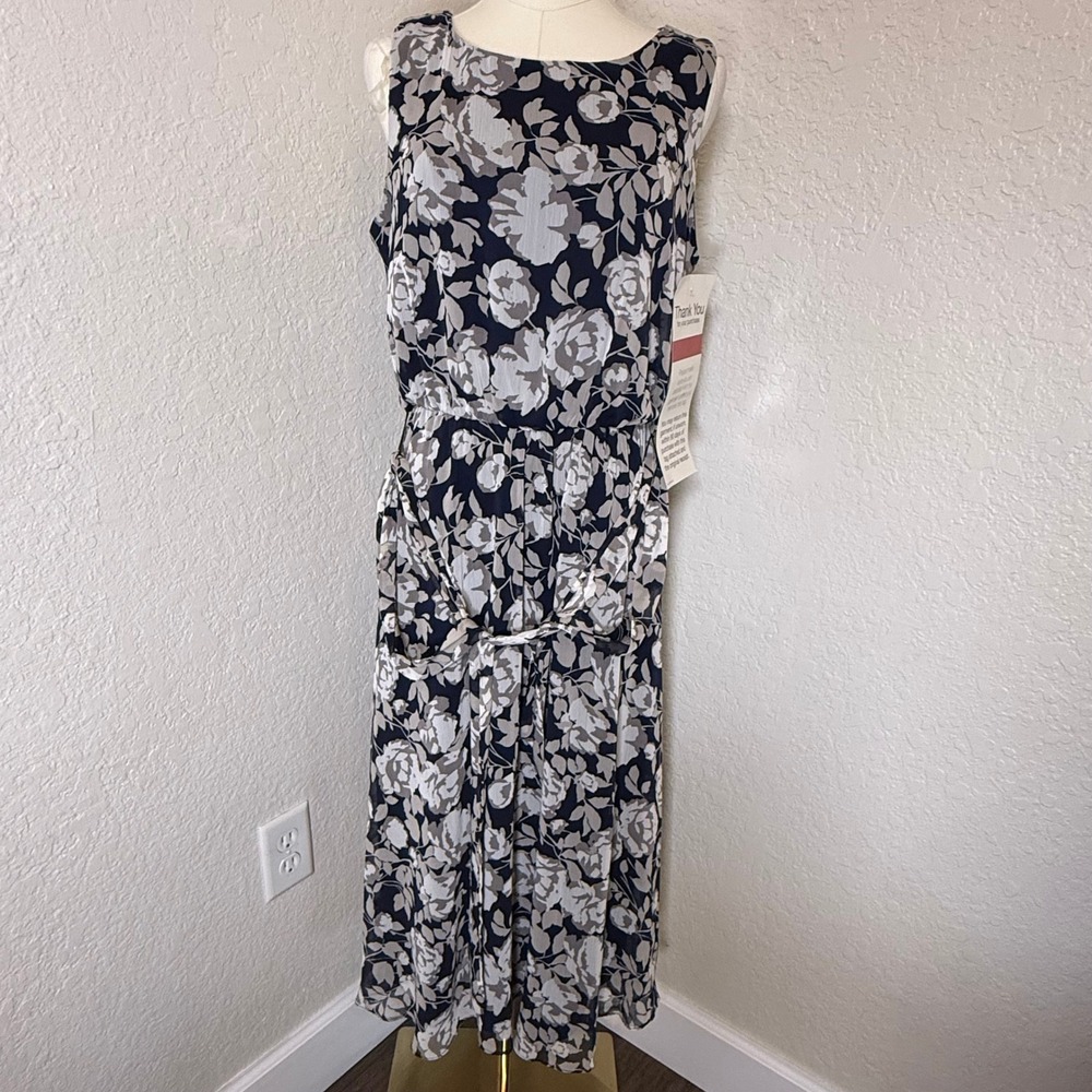 Floral Midi Dress Prelude Womens Size 10 Navy Taupe Sleeveless Blouson Tie Waist